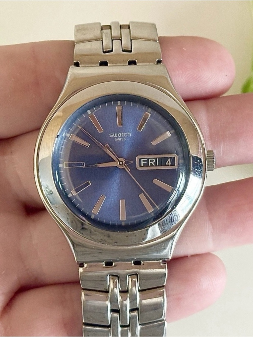 Rare Vintage Swiss Swatch Irony Grand Dame Silver Steel Blue Date Watch WORKS!!
